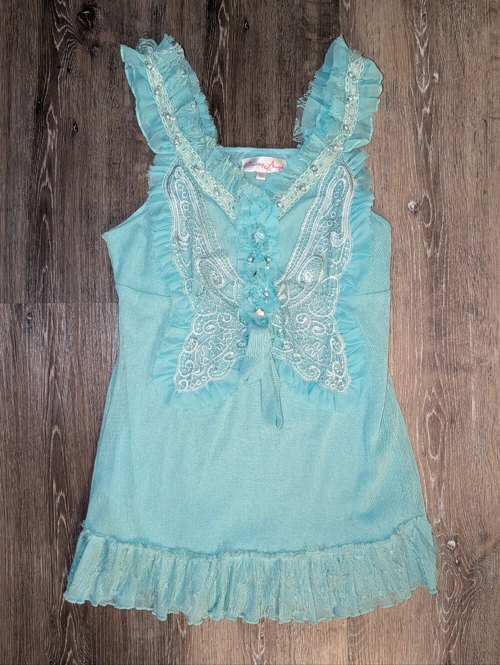 Pretty Angel Teal Fairy Butterfly Lace Ruffle Tank